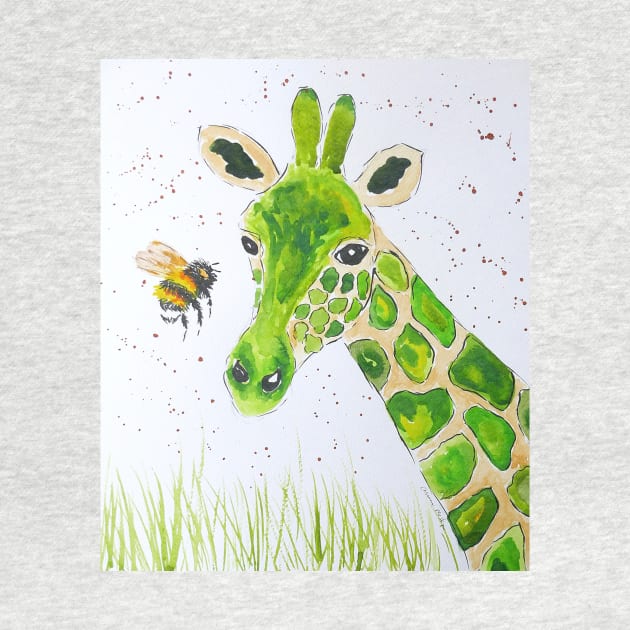 Cute Green Giraffe and a Bumble bee by Casimirasquirkyart